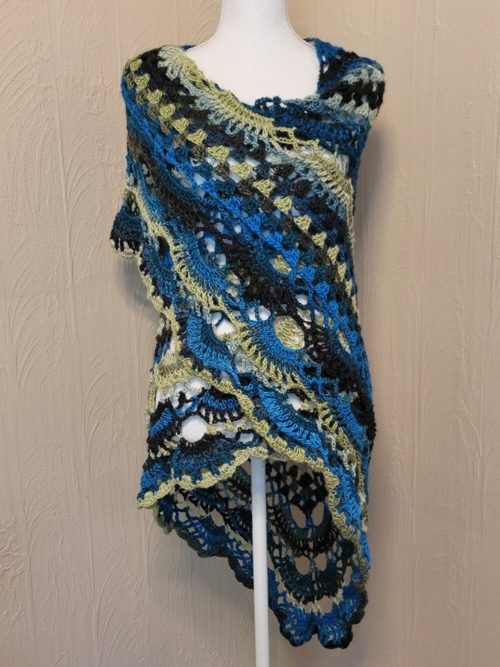 Boho Shawl Handmade Crochet Triangle Shawl Wrap Blue Teal Olive Green